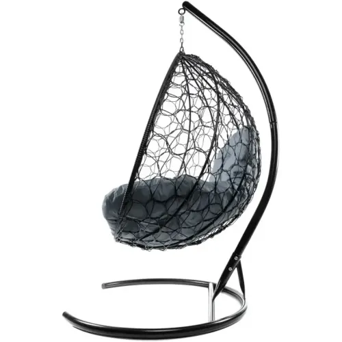 Кресло подвесное с ротангом XL черное с серой подушкой