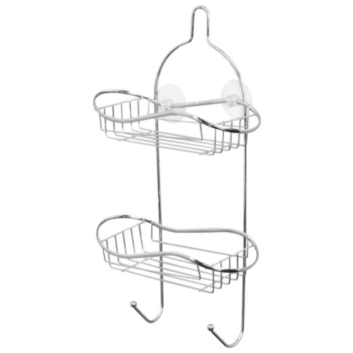 Полка для ванной комнаты 2-х ярусная на присоске Доляна «Волна», 25х11х45 см, 2 крючка, цвет хром