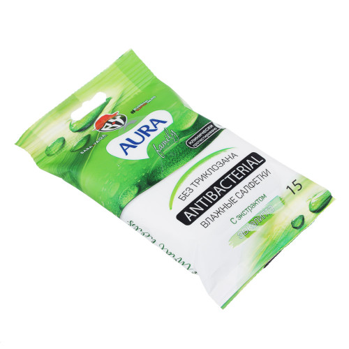 Салфетки влажные AURA Family антибактериальные 15шт. (914-028)