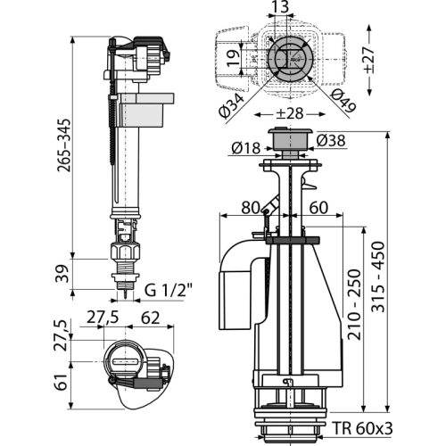 Арматура сантехническая ALCAPLAST A17 SA08AS н/п, 2-х кнопка, хром
