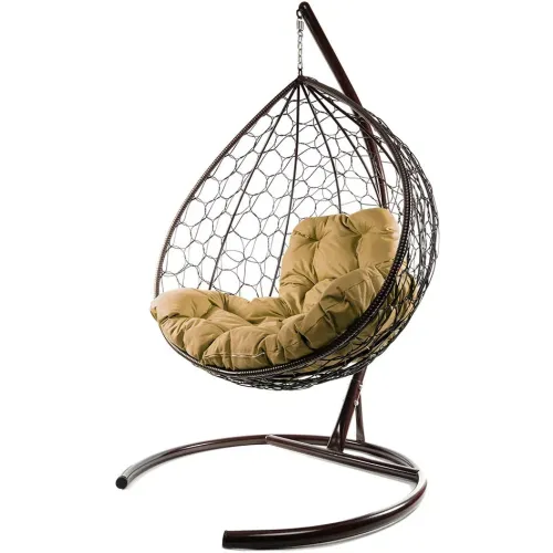 Кресло подвесное с ротангом XL коричневое с бежевой подушкой