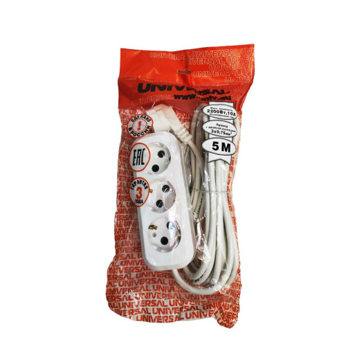 Удлинитель 3-мест. 5м 2P+E бел. 10А (ПВС 3х0,75) UNIVersal (240775)