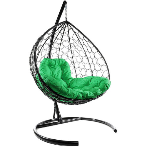 Кресло подвесное с ротангом XL черное с зеленой подушкой