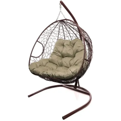 Кресло подвесное с ротангом ДЛЯ ДВОИХ коричневое с какао подушкой