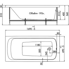 Ванна акриловая 1ACREAL Gamma 170х70см на раме