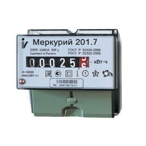 Счетчик э/э 1-фаз., 5 - 60А к.т 1.0, 1-тар. электр. на din-рейку МЕРКУРИЙ 201.7 (557806)