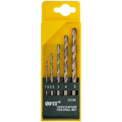 Набор сверл по металлу FIT HSS полированных, 5 шт. (1,5-2,5-3-4-5мм) (33795)