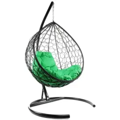 Кресло подвесное с ротангом Капля черное с зеленой подушкой