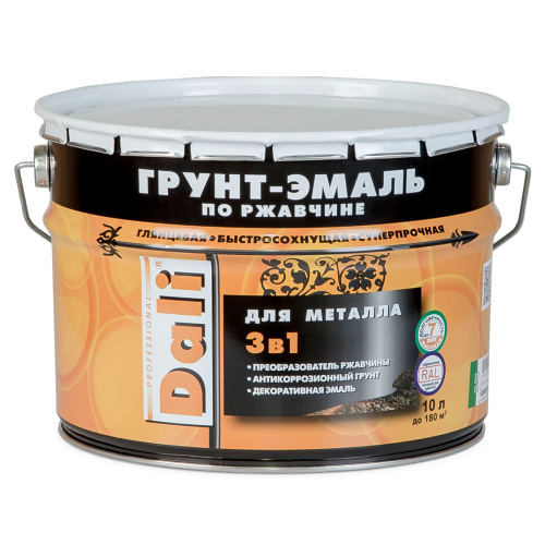 Грунт-эмаль DALI по ржавчине 3 в 1 гладкая RAL 9005 черный 10 л