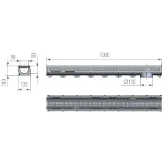 Дренаж лоток-комплект AQOA-TOP DN90 H100 A15 1000*135*100 с оцинк. решёткой (1091н)