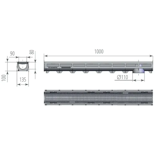 Дренаж лоток-комплект AQOA-TOP DN90 H100 A15 1000*135*100 с оцинк. решёткой (1091н)
