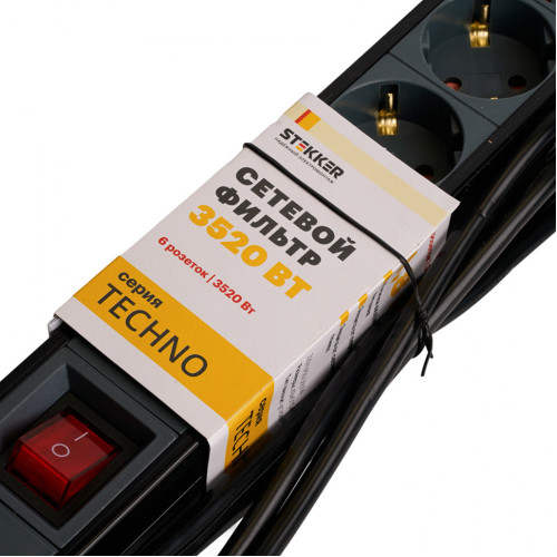 Фильтр сетевой Stekker 6 роз. 16A 3м черный HM22-61-03 Techno 50160