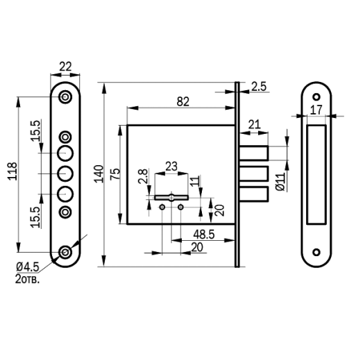 Замок врезной б/руч. BORDER 76600 ЗВ8-4С/13 (КЦ-71).ЗП7.НШ-014.1Ш3.У2 (00448)