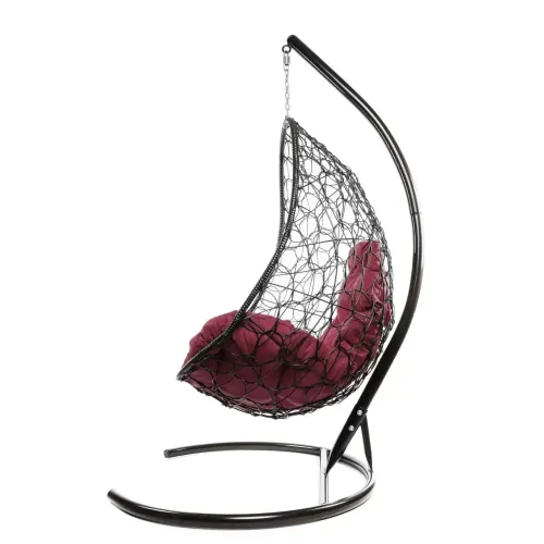 Кресло подвесное с ротангом ОВАЛ коричневое с бордовой подушкой