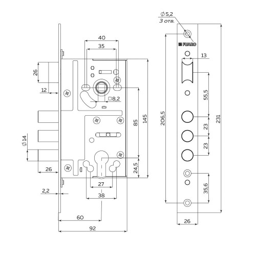 Замок врезной б/руч. FUARO c защёлкой MDV811/C-60.85.3R14 (57429)