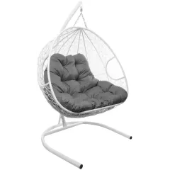 Кресло подвесное с ротангом ДЛЯ ДВОИХ белое с серой подушкой