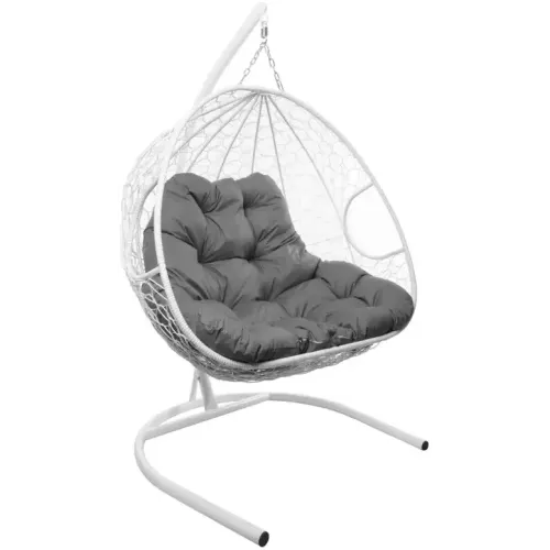 Кресло подвесное с ротангом ДЛЯ ДВОИХ белое с серой подушкой