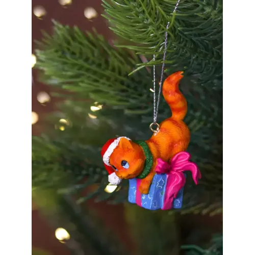 Украшение ёлочное Котик с подарком 7см полирезина (8\6352)