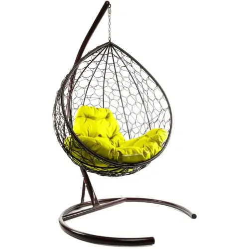 Кресло подвесное с ротангом Капля коричневое с желтой подушкой