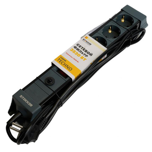 Фильтр сетевой Stekker 3 роз. 16A 1,8м черный HM22-31-02 Techno 50153