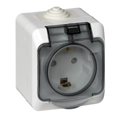 Розетка О/У 2P+Е ЭТЮД IP44 крышка белый шторки PA16-044B