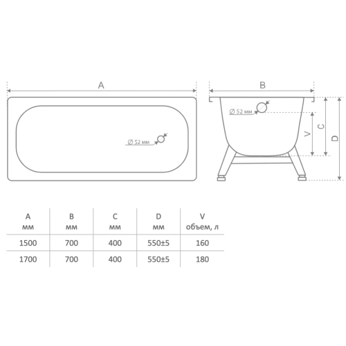 Ванна стальная TEVRO 170х70x40см с ножками, толщина 2,7 мм T-72902
