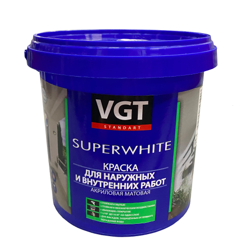 Краска в/д VGT 1180 акрил. для н/в. работ Моющаяся Супер Белая 1,5кг