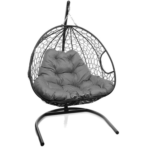 Кресло подвесное с ротангом ДЛЯ ДВОИХ черное с серой подушкой