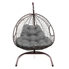 Кресло подвесное с ротангом ДЛЯ ДВОИХ коричневое с серой подушкой