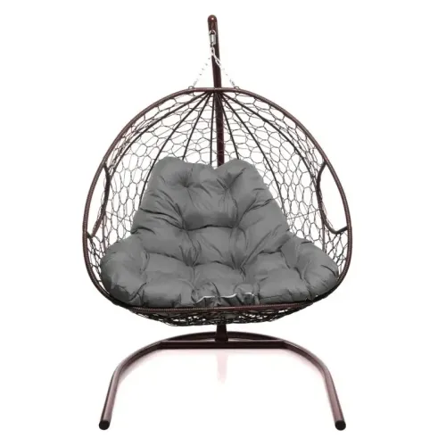 Кресло подвесное с ротангом ДЛЯ ДВОИХ коричневое с серой подушкой