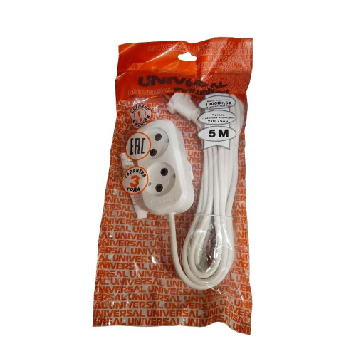 Удлинитель 2-мест. 5м 2P бел. 6А (ПВС 2х0,75) UNIVersal (240785)