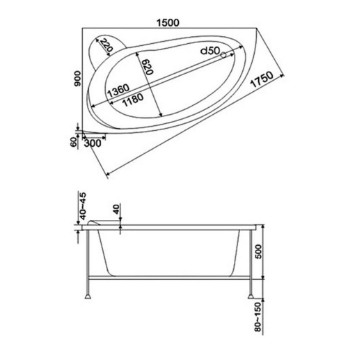 Ванна акриловая BAS Вектра 150х90см на раме левая