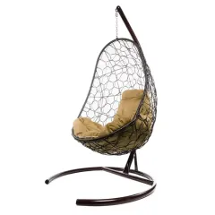 Кресло подвесное с ротангом ОВАЛ коричневое с бежевой подушкой