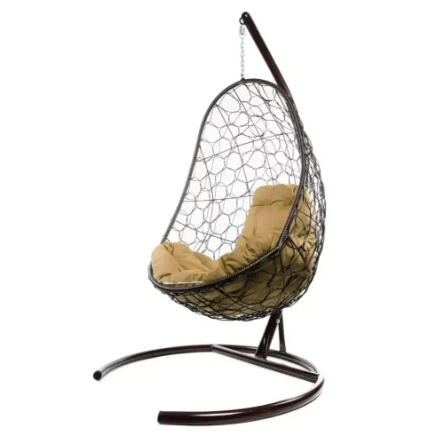 Кресло подвесное с ротангом ОВАЛ коричневое с бежевой подушкой
