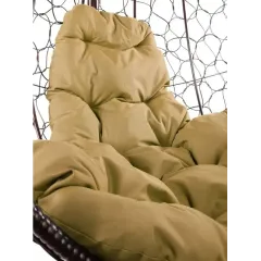 Кресло подвесное с ротангом Капля коричневое с бежевой подушкой