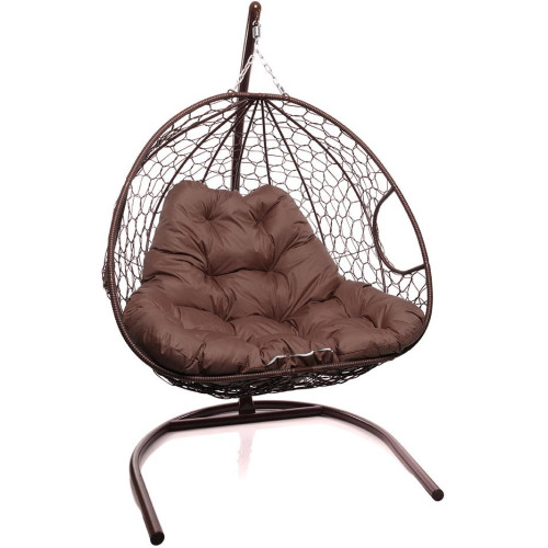 Кресло подвесное с ротангом ДЛЯ ДВОИХ коричневое с коричневой подушкой