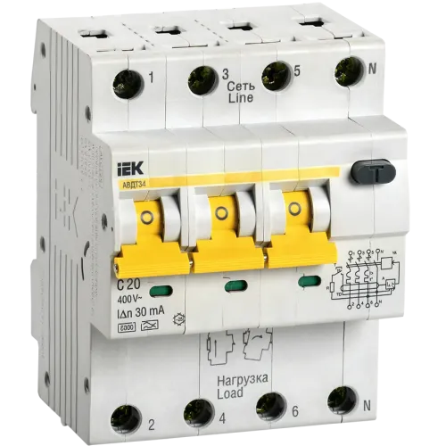 Дифференциальный автомат 4-пол. 20А С 30мА АВДТ-34 IEK MAD22-6-020-C-030