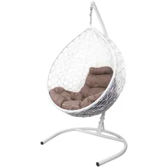 Кресло подвесное с ротангом Капля белое с какао подушкой