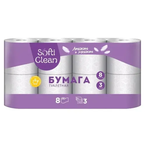 Туалетная бумага Softi Clean 3 слоя 8 шт белая с втулкой (494311)