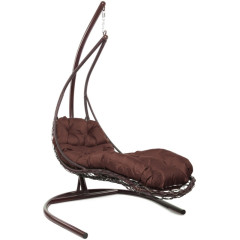 Кресло подвесное с ротангом ЛЕЖАЧЕЕ коричневое с коричневой подушкой