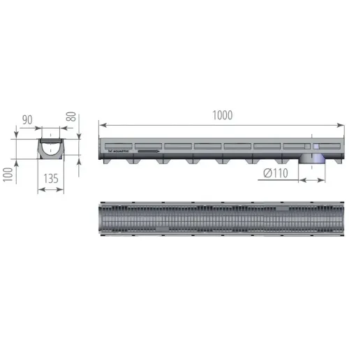 Дренаж лоток-комплект AQOA-TOP DN90 H100 A15 1000*135*100 с пласт. решёткой (1092)