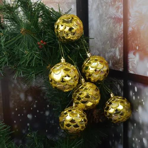 Шары новогодние ВОЛШЕБНЫЕ ПОДАРКИ набор 6 шт, цвет: золотой, диаметр: 6 см  (8004-3)