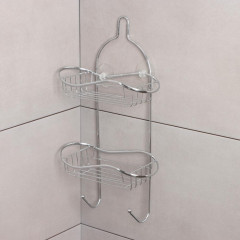 Полка для ванной комнаты 2-х ярусная на присоске Доляна «Волна», 25х11х45 см, 2 крючка, цвет хром