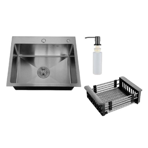 Мойка нерж. врезная РМС, MR-5843BL, 580х430 мм, цвет вороненая сталь, дозатор, корзина, сифон