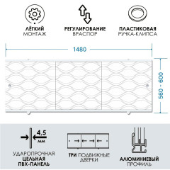 Экран для ванны МЕТАКАМ премиум А 1,5 м светло-серый