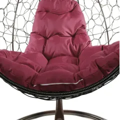 Кресло подвесное с ротангом КРУГ коричневое с бордовой подушкой