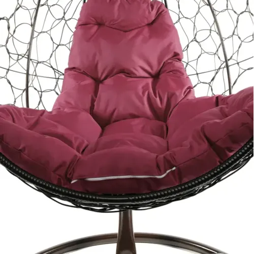 Кресло подвесное с ротангом КРУГ коричневое с бордовой подушкой