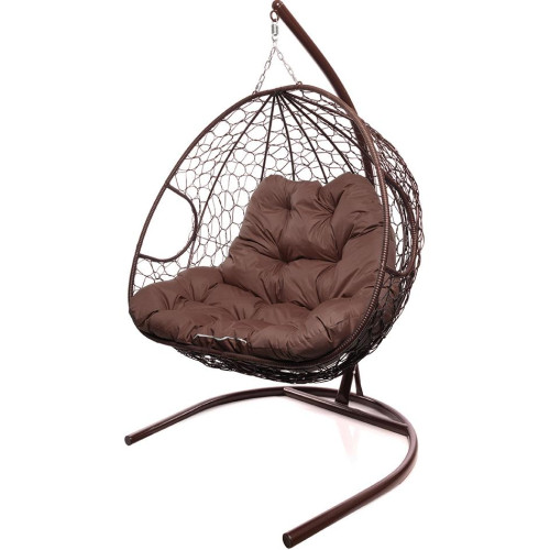 Кресло подвесное с ротангом ДЛЯ ДВОИХ коричневое с коричневой подушкой
