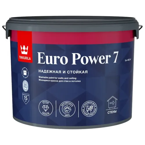 Краска в/д Тиккурила EURO POWER-7 Моющаяся для стен и потолков 9 л