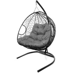 Кресло подвесное с ротангом ДЛЯ ДВОИХ черное с серой подушкой